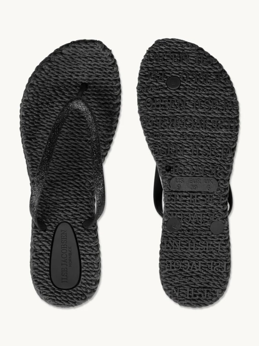 EUC Ilse Jacobsen "Cheerful01" Black Glitter Strap Flip Flops Size 7
